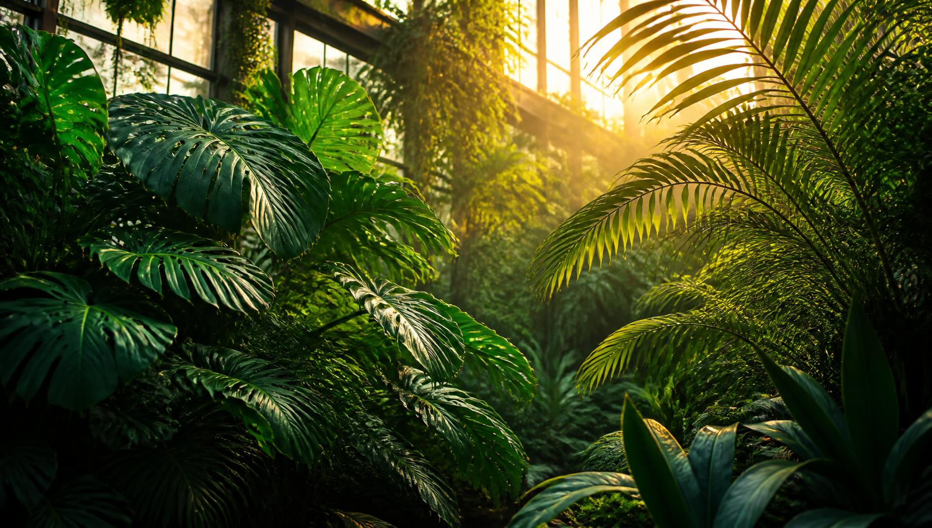Sunlight through a lush tropical greenhouse filled with monstera and palm foliage